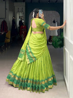 Lorenvalley Fashion Parrot Green Pure Chanderi Zari Weaving Work Lehenga Choli with Dupatta | Grocsy