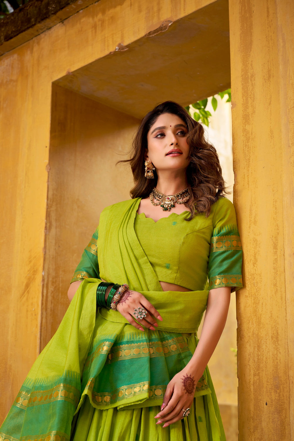 Lorenvalley Fashion Parrot Green Pure Chanderi Zari Weaving Work Lehenga Choli with Dupatta | Grocsy