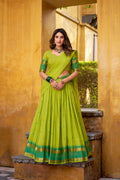 Lorenvalley Fashion Parrot Green Pure Chanderi Zari Weaving Work Lehenga Choli with Dupatta | Grocsy