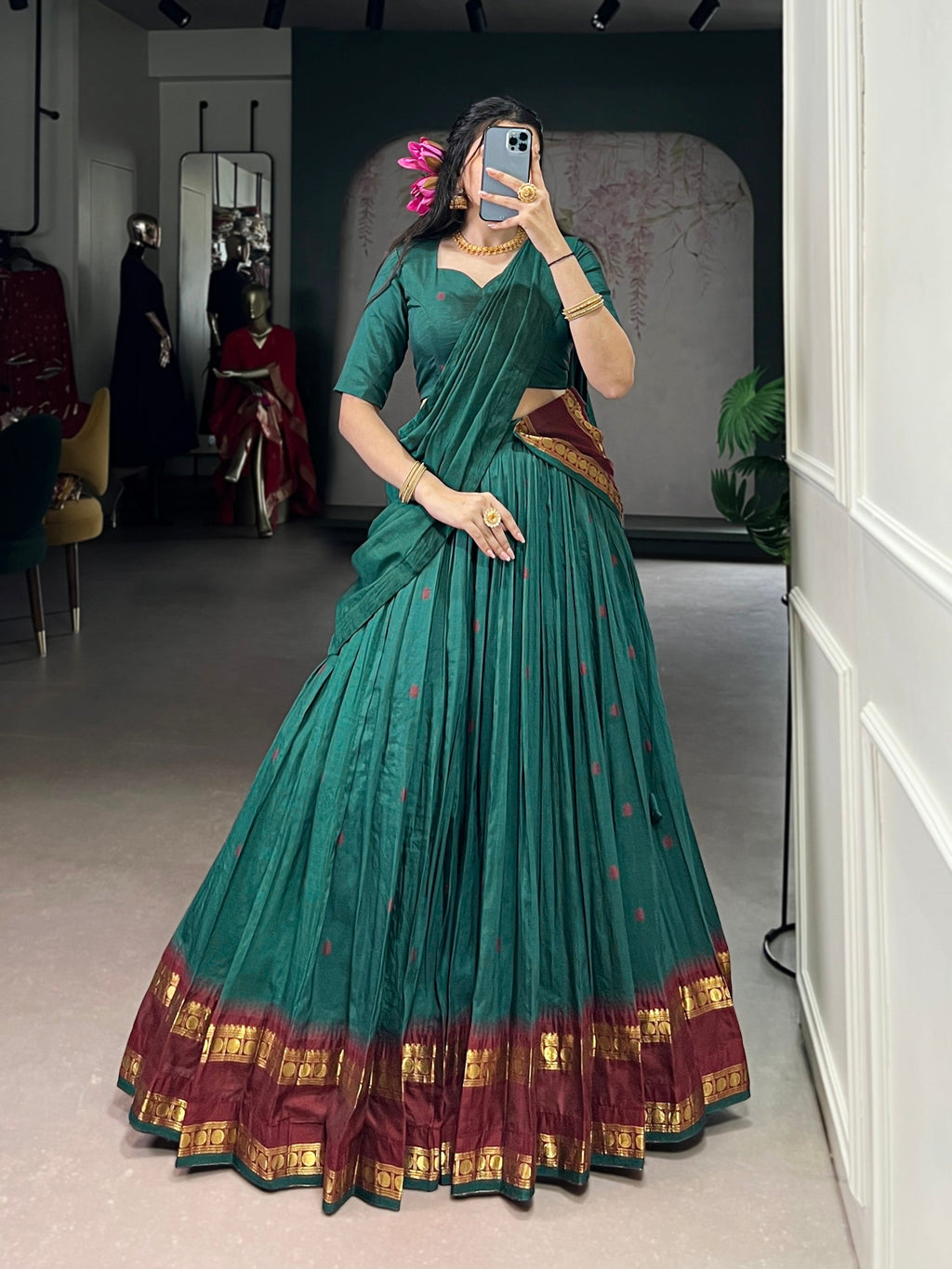 Lorenvalley Fashion Teal Pure Chanderi Zari Weaving Work Lehenga Choli with Dupatta | Grocsy