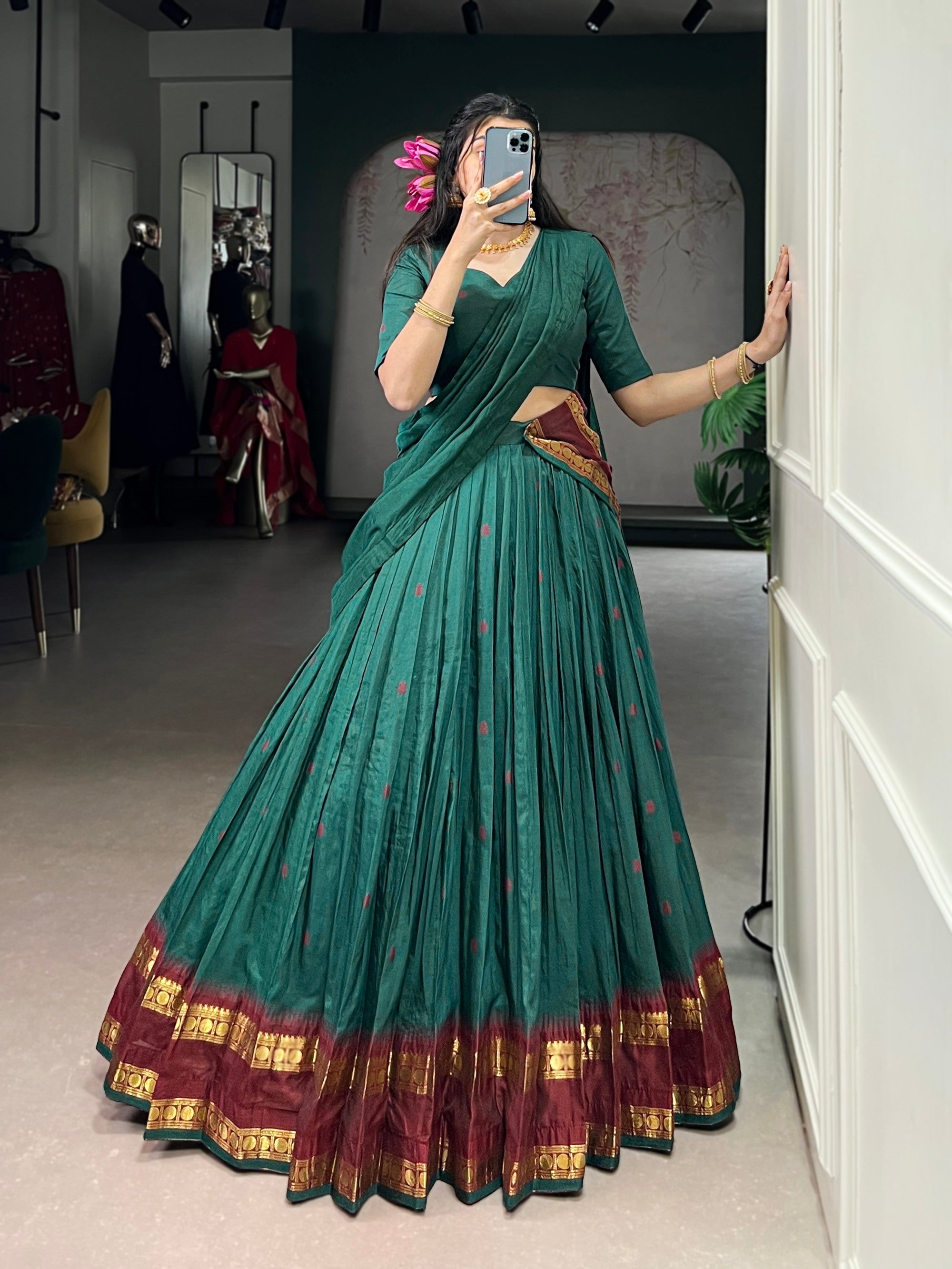 Lorenvalley Fashion Teal Pure Chanderi Zari Weaving Work Lehenga Choli with Dupatta | Grocsy