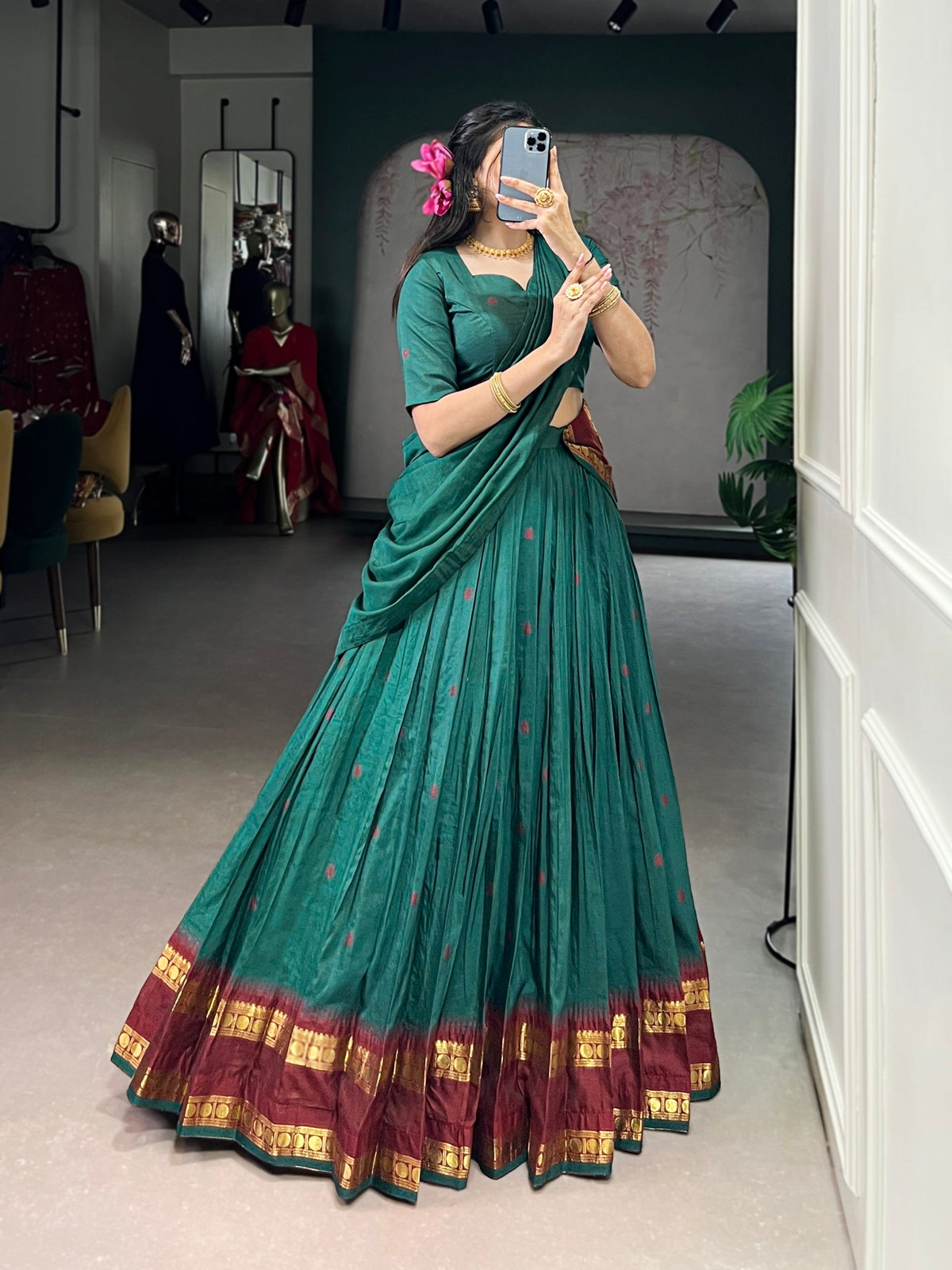Lorenvalley Fashion Teal Pure Chanderi Zari Weaving Work Lehenga Choli with Dupatta | Grocsy