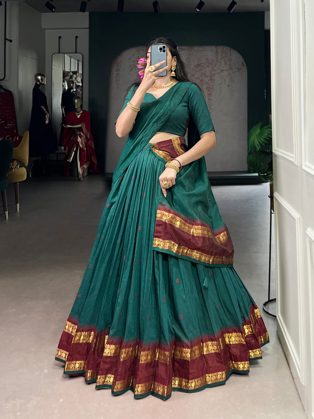 Lorenvalley Fashion Teal Pure Chanderi Zari Weaving Work Lehenga Choli with Dupatta | Grocsy