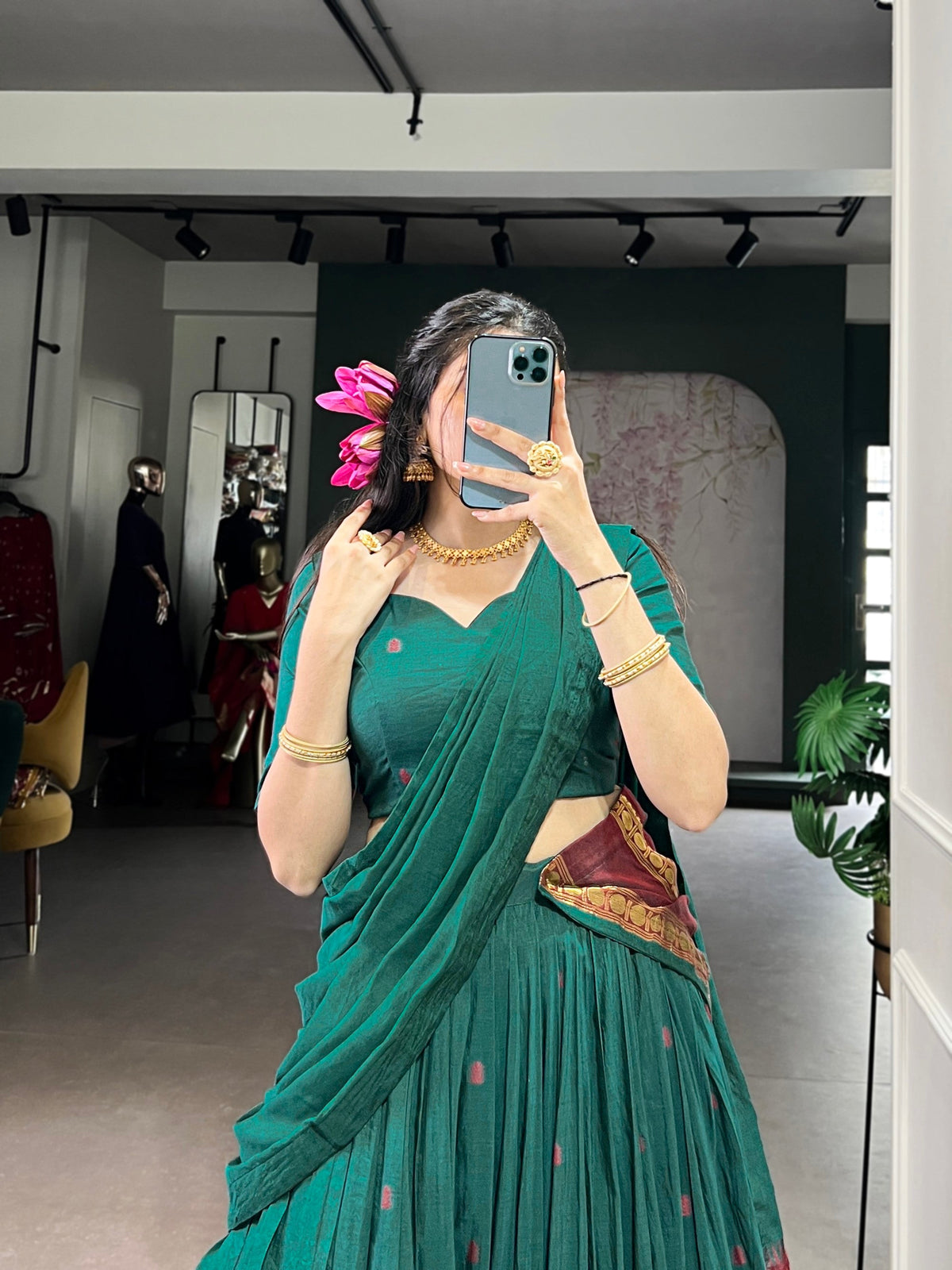 Lorenvalley Fashion Teal Pure Chanderi Zari Weaving Work Lehenga Choli with Dupatta | Grocsy