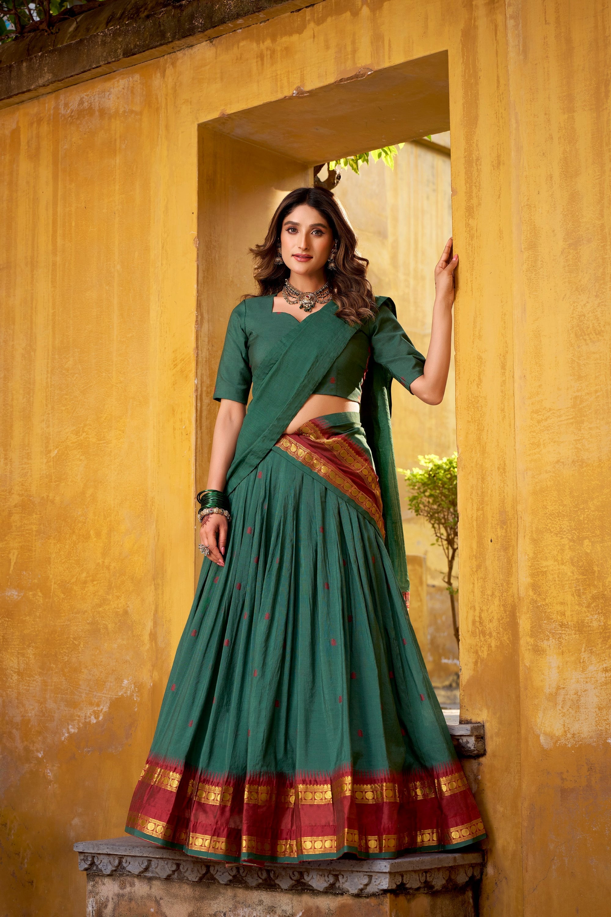 Lorenvalley Fashion Teal Pure Chanderi Zari Weaving Work Lehenga Choli with Dupatta | Grocsy