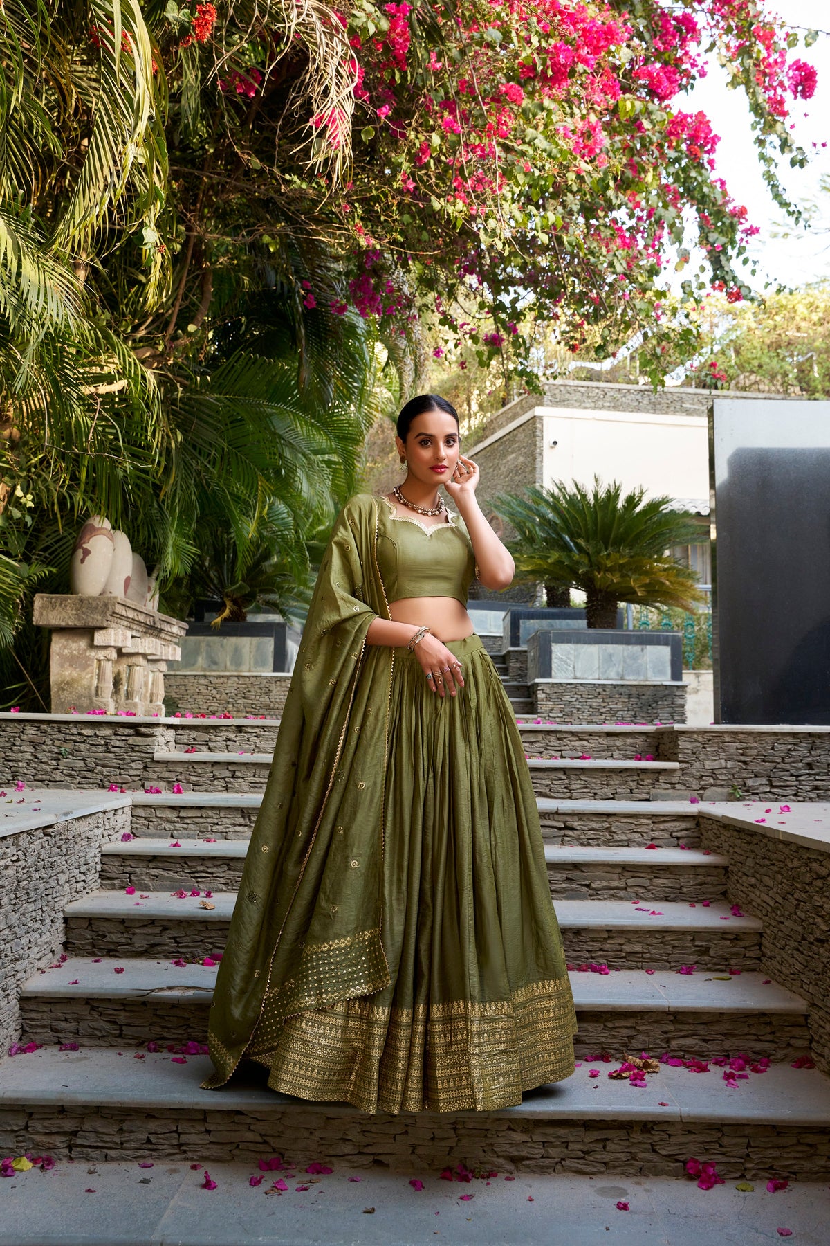 Lorenvalley Mehendi Pure Chanderi Plain With Zari Weaving Work Border Lehenga Choli | Grocsy
