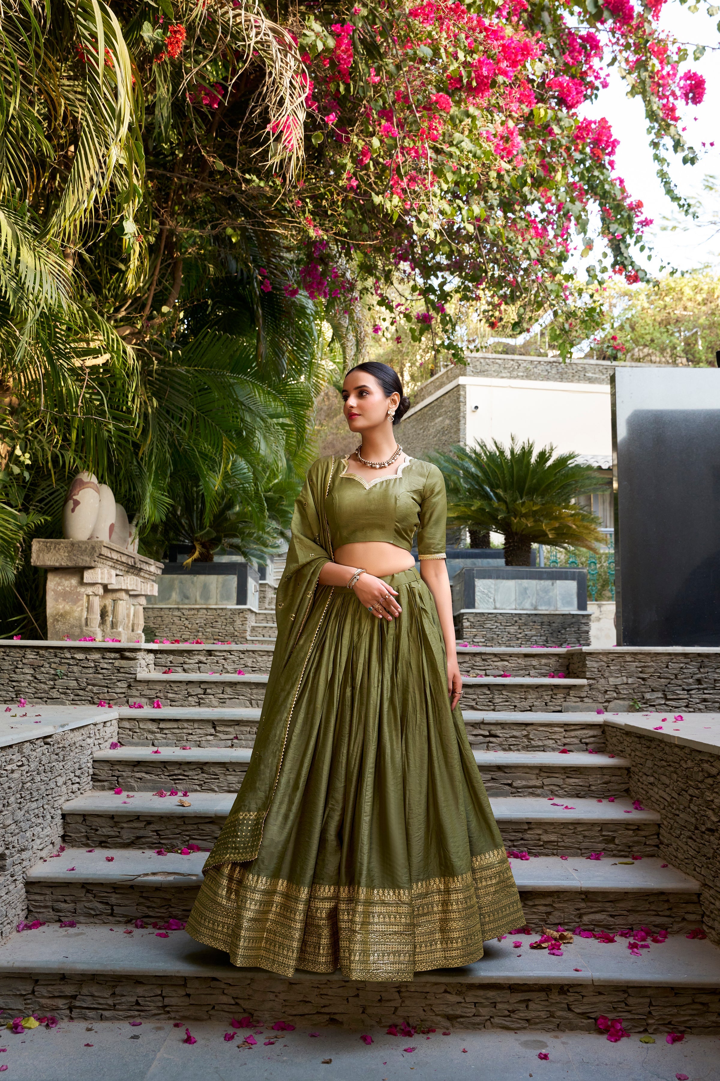Lorenvalley Mehendi Pure Chanderi Plain With Zari Weaving Work Border Lehenga Choli | Grocsy