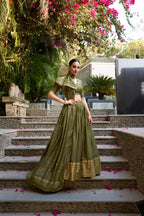 Lorenvalley Mehendi Pure Chanderi Plain With Zari Weaving Work Border Lehenga Choli | Grocsy