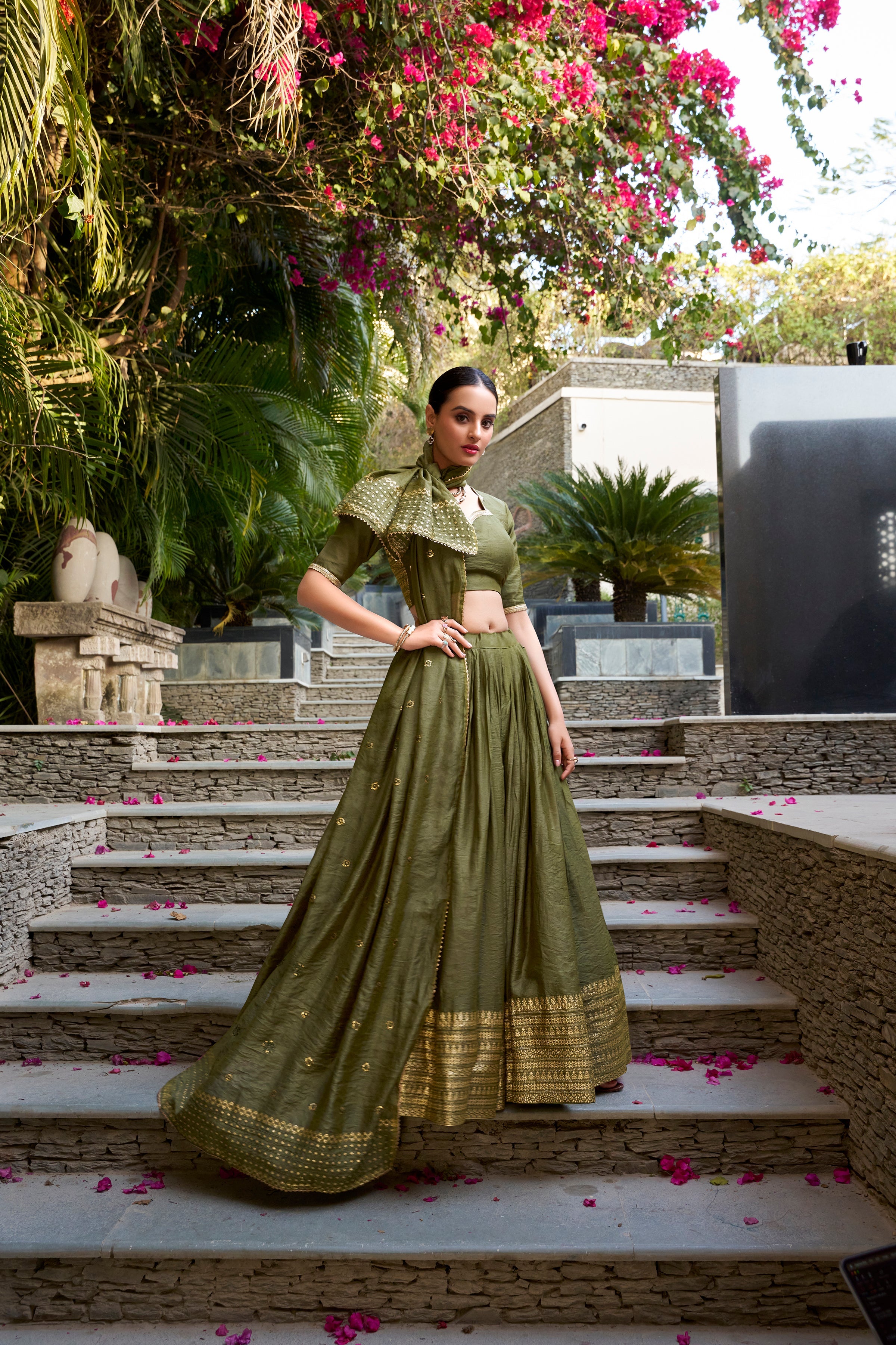 Lorenvalley Mehendi Pure Chanderi Plain With Zari Weaving Work Border Lehenga Choli | Grocsy