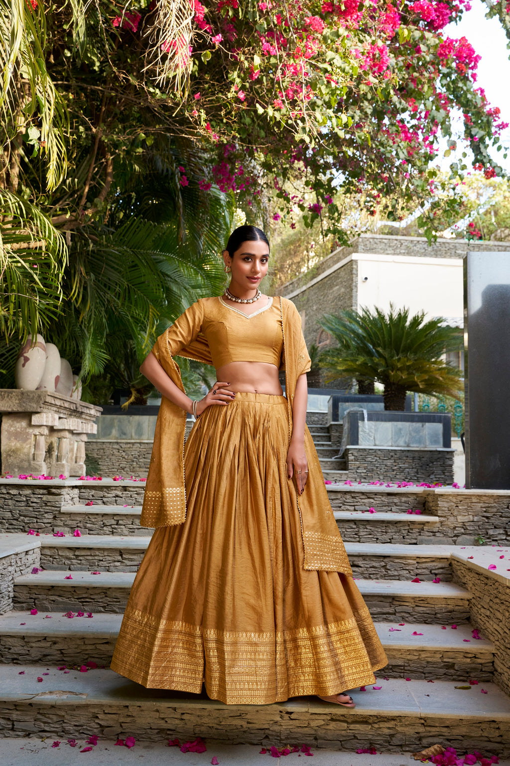Lorenvalley Mustard Pure Chanderi Plain With Zari Weaving Work Border Lehenga Choli | Grocsy