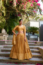 Lorenvalley Mustard Pure Chanderi Plain With Zari Weaving Work Border Lehenga Choli | Grocsy