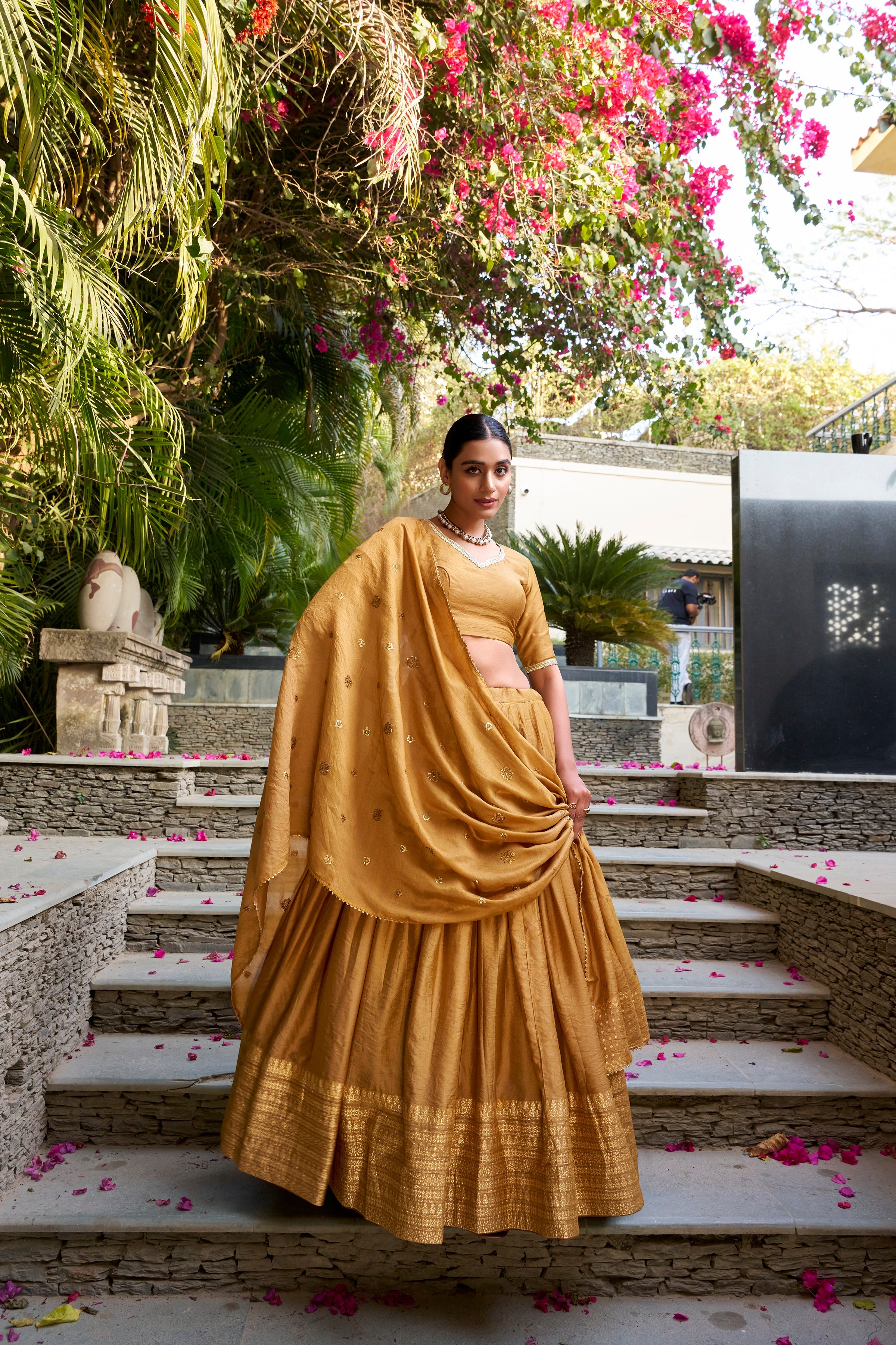 Lorenvalley Mustard Pure Chanderi Plain With Zari Weaving Work Border Lehenga Choli | Grocsy