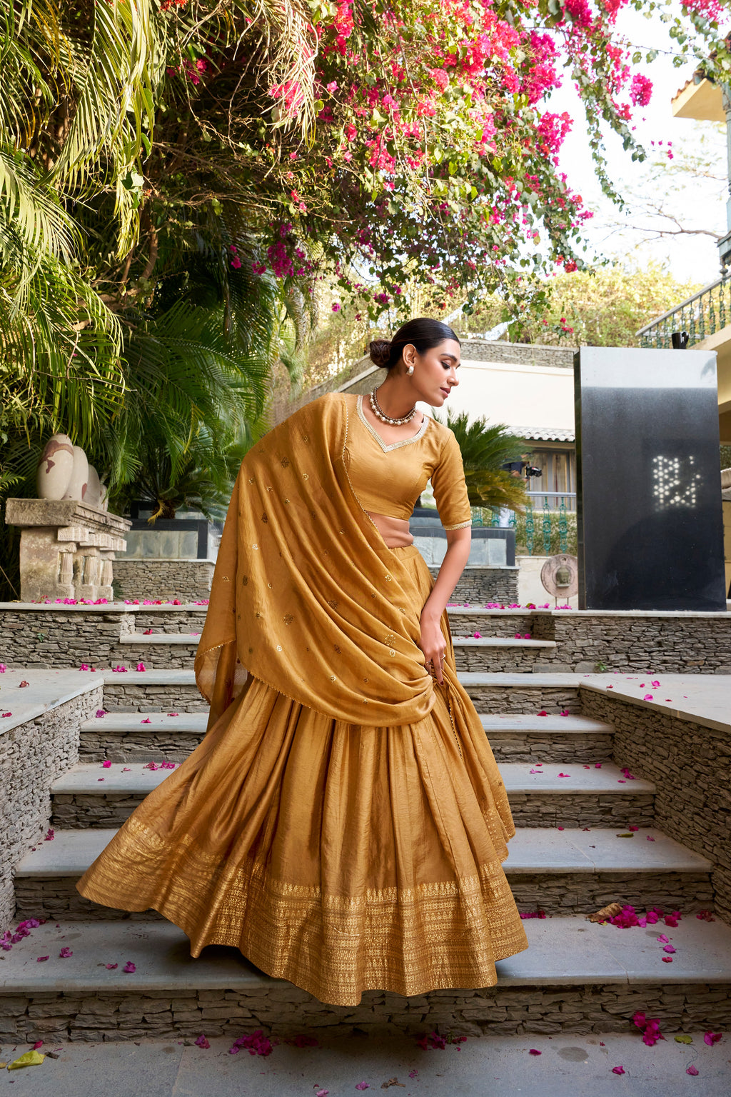 Lorenvalley Mustard Pure Chanderi Plain With Zari Weaving Work Border Lehenga Choli | Grocsy