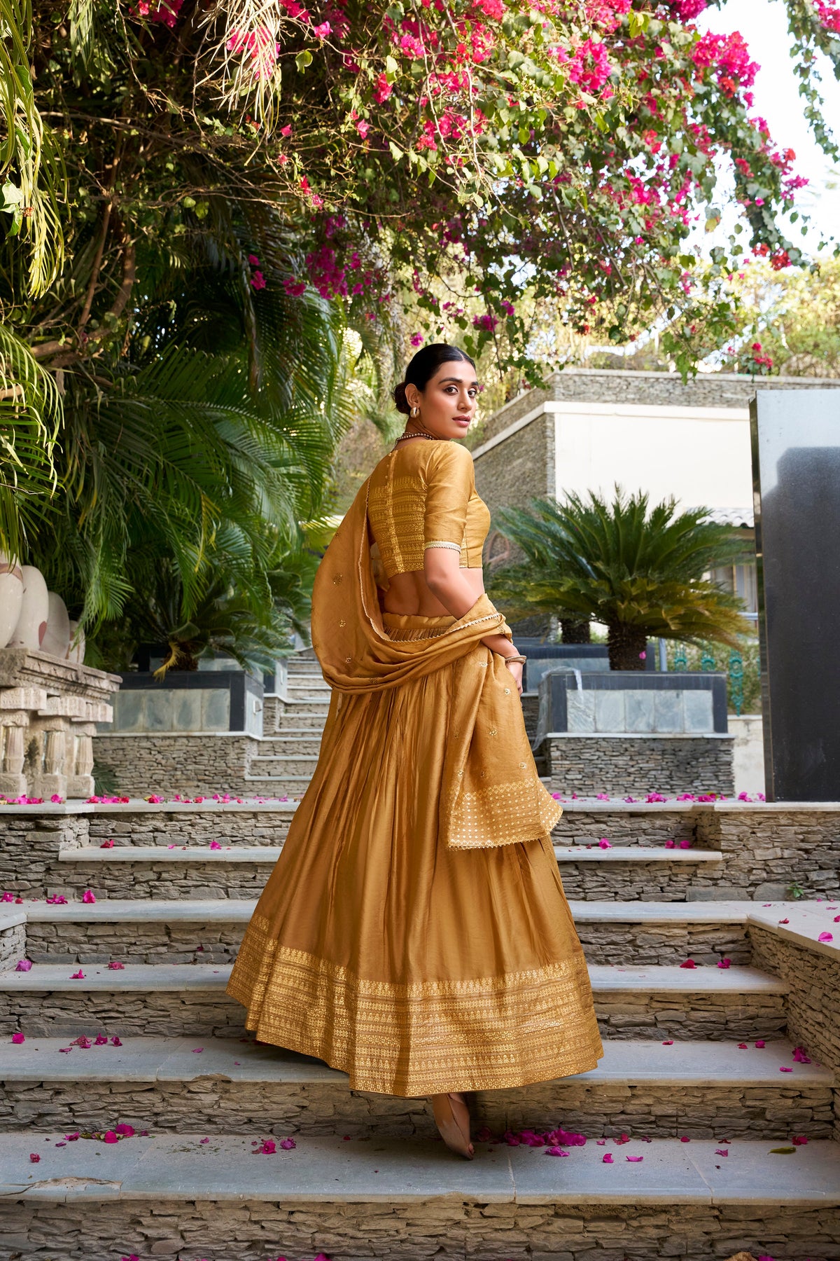 Lorenvalley Mustard Pure Chanderi Plain With Zari Weaving Work Border Lehenga Choli | Grocsy