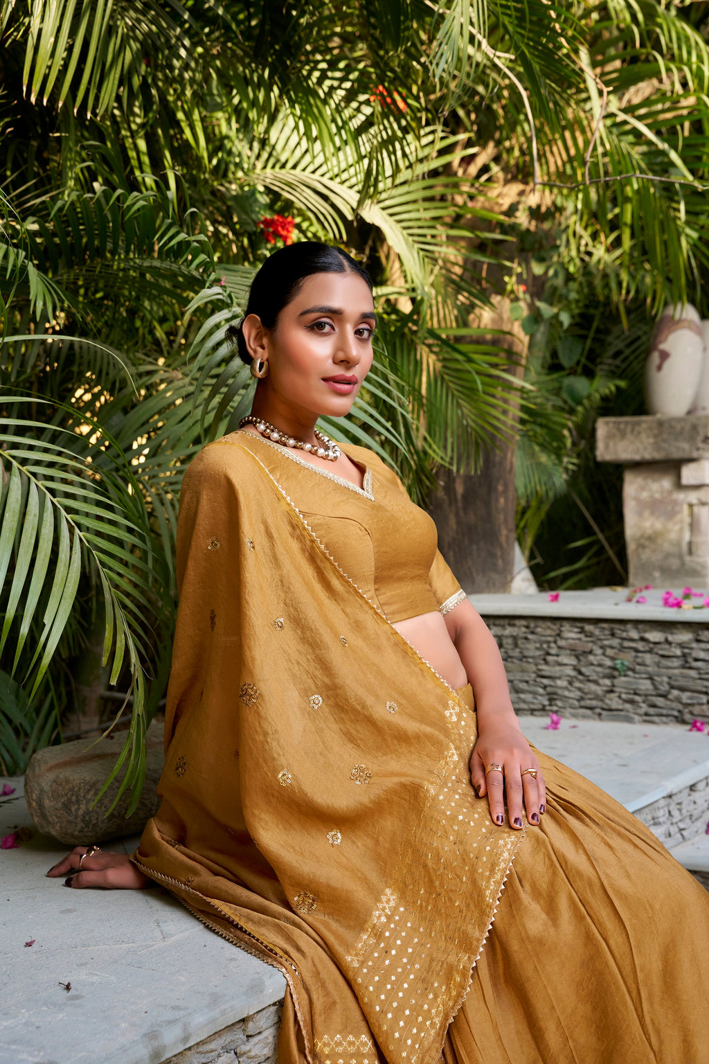 Lorenvalley Mustard Pure Chanderi Plain With Zari Weaving Work Border Lehenga Choli | Grocsy