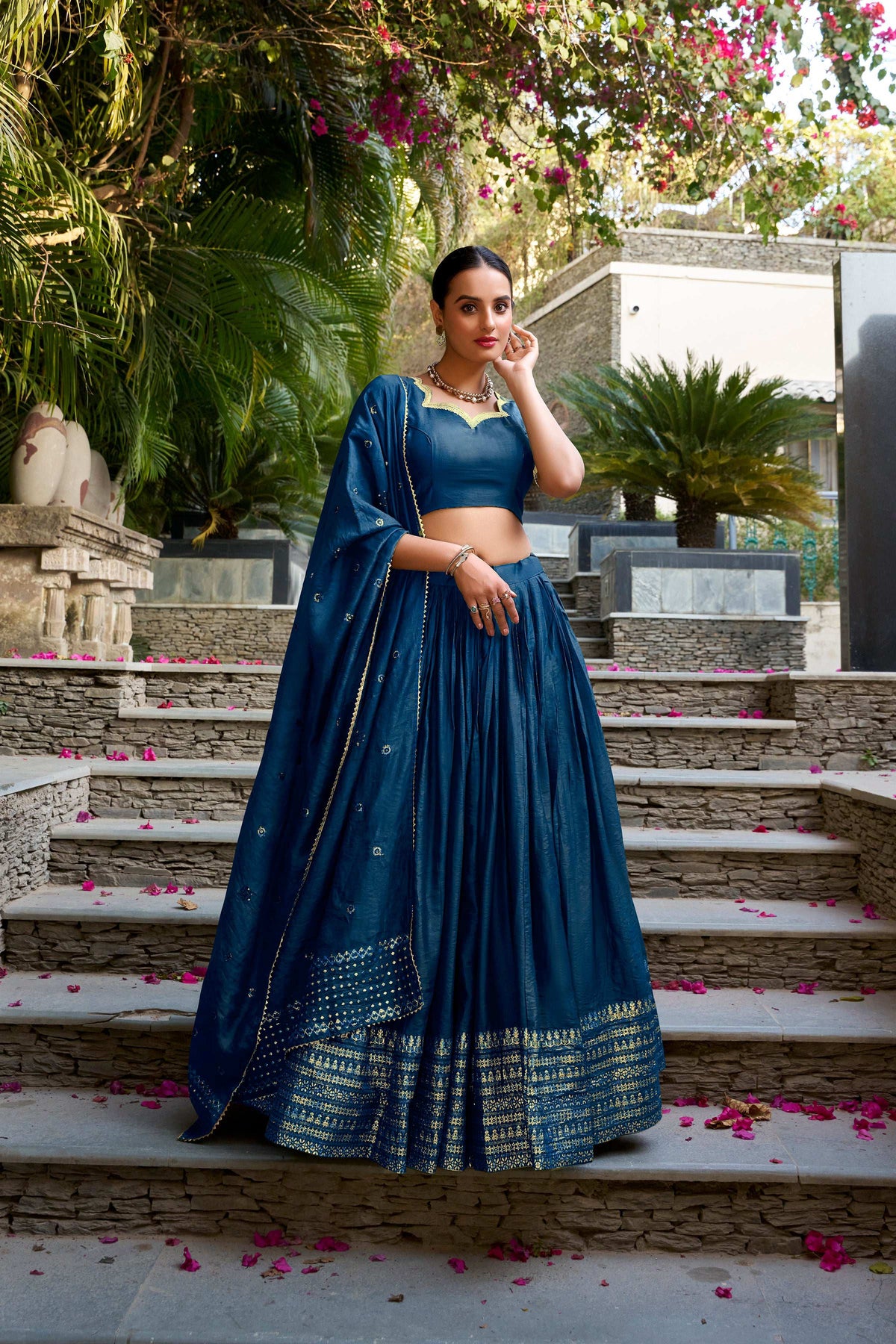 Evanik Women Pure Chanderi Plain With Zari Weaving Work Border Stitched Lehenga With Unstitched Blouse Dupatta | Grocsy