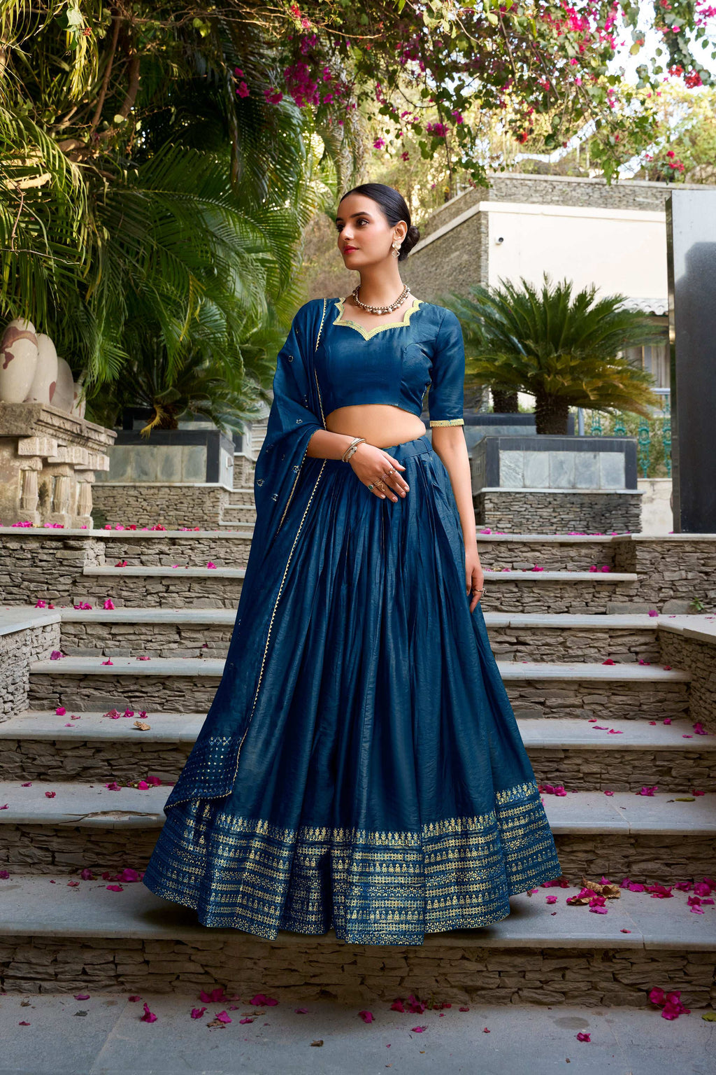 Evanik Women Pure Chanderi Plain With Zari Weaving Work Border Stitched Lehenga With Unstitched Blouse Dupatta | Grocsy
