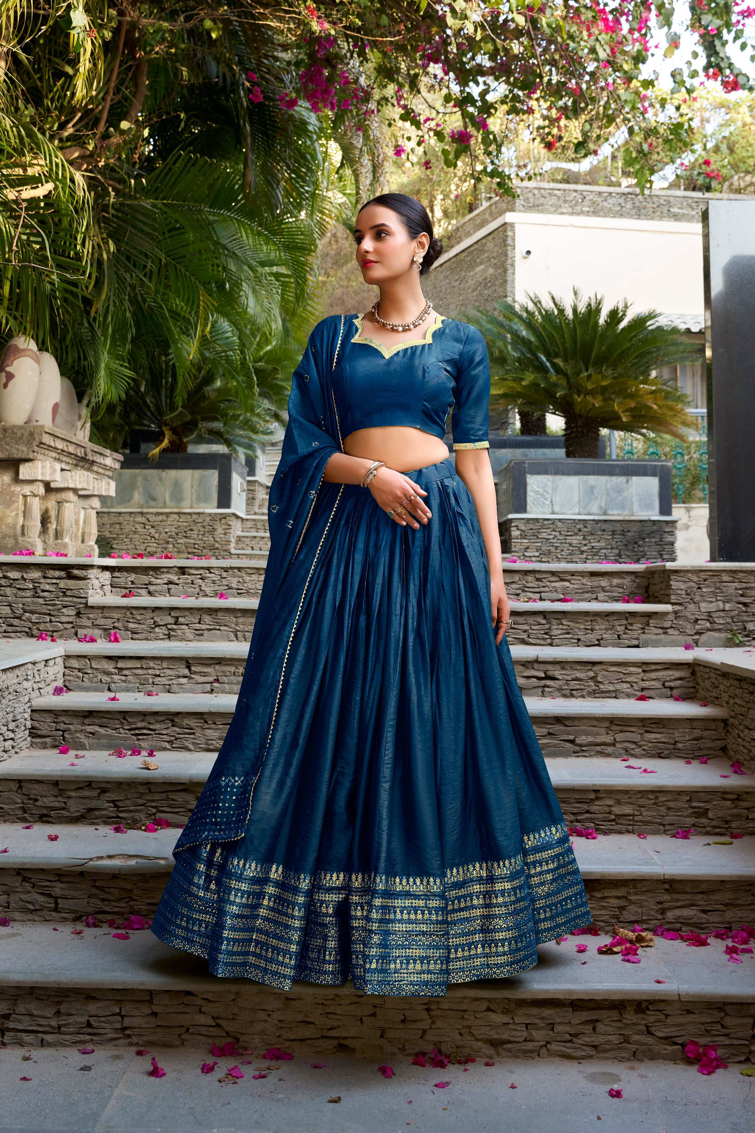 Evanik Women Pure Chanderi Plain With Zari Weaving Work Border Stitched Lehenga With Unstitched Blouse Dupatta | Grocsy