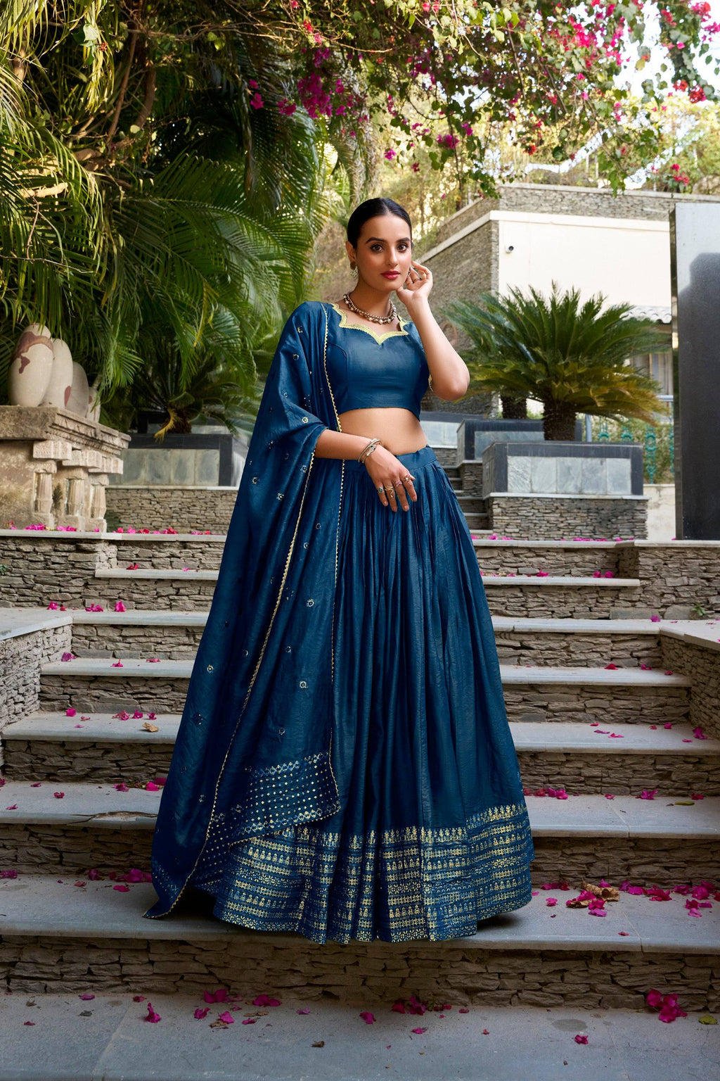 Lorenvalley Fashion Navy Blue Pure Chanderi Plain With Zari Weaving Work Border Lehenga Choli with Dupatta | Grocsy