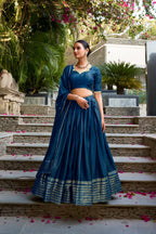 Lorenvalley Fashion Navy Blue Pure Chanderi Plain With Zari Weaving Work Border Lehenga Choli with Dupatta | Grocsy