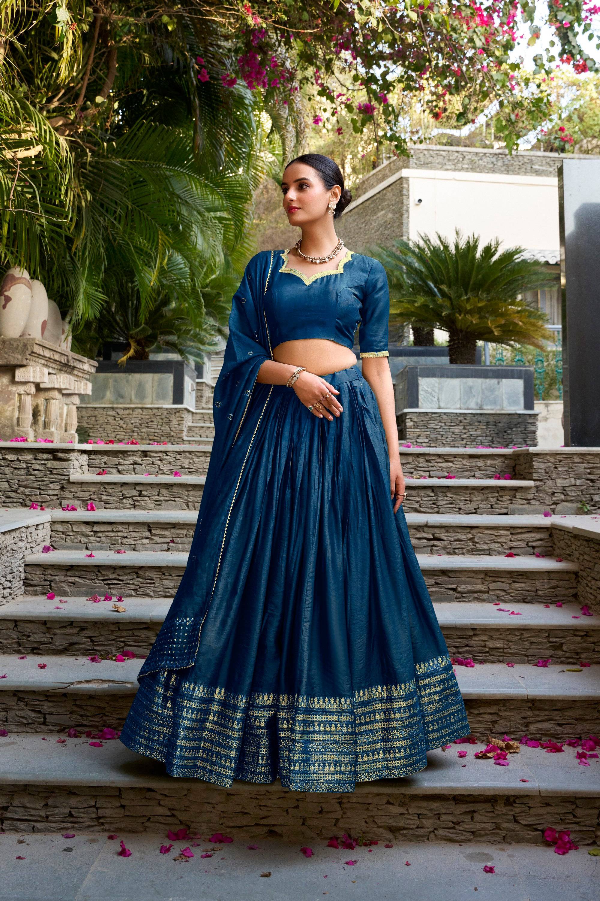 Lorenvalley Fashion Navy Blue Pure Chanderi Plain With Zari Weaving Work Border Lehenga Choli with Dupatta | Grocsy
