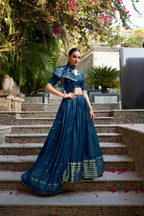 Lorenvalley Fashion Navy Blue Pure Chanderi Plain With Zari Weaving Work Border Lehenga Choli with Dupatta | Grocsy