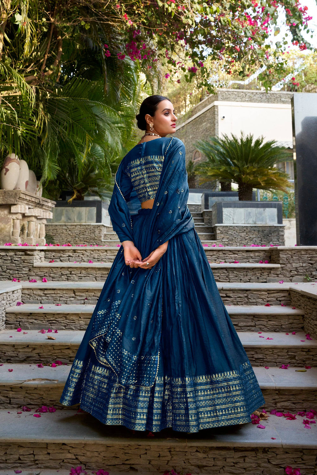 Lorenvalley Fashion Navy Blue Pure Chanderi Plain With Zari Weaving Work Border Lehenga Choli with Dupatta | Grocsy