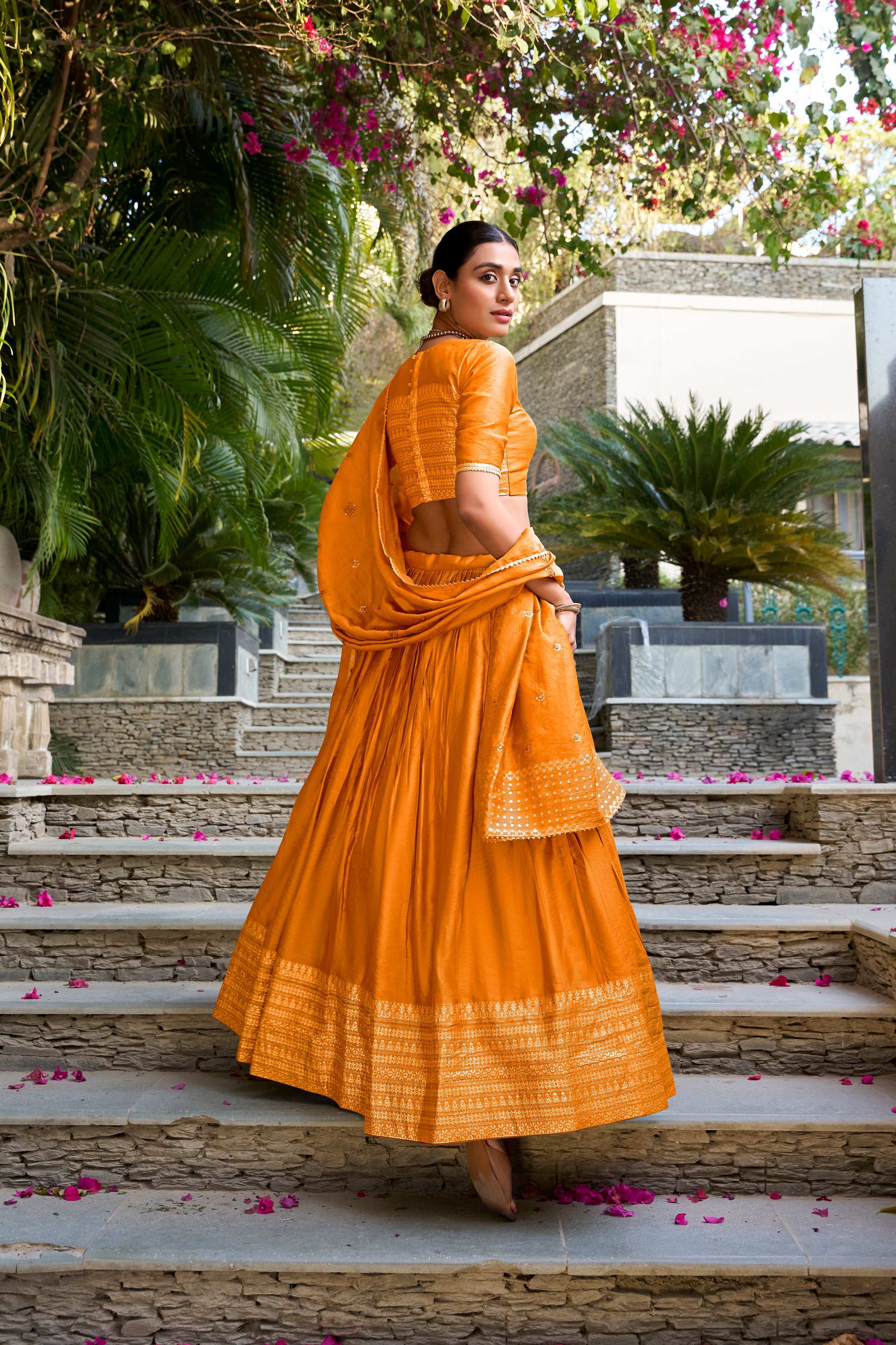 Evanik Women Pure Chanderi Plain With Zari Weaving Work Border Stitched Lehenga With Unstitched Blouse Dupatta | Grocsy