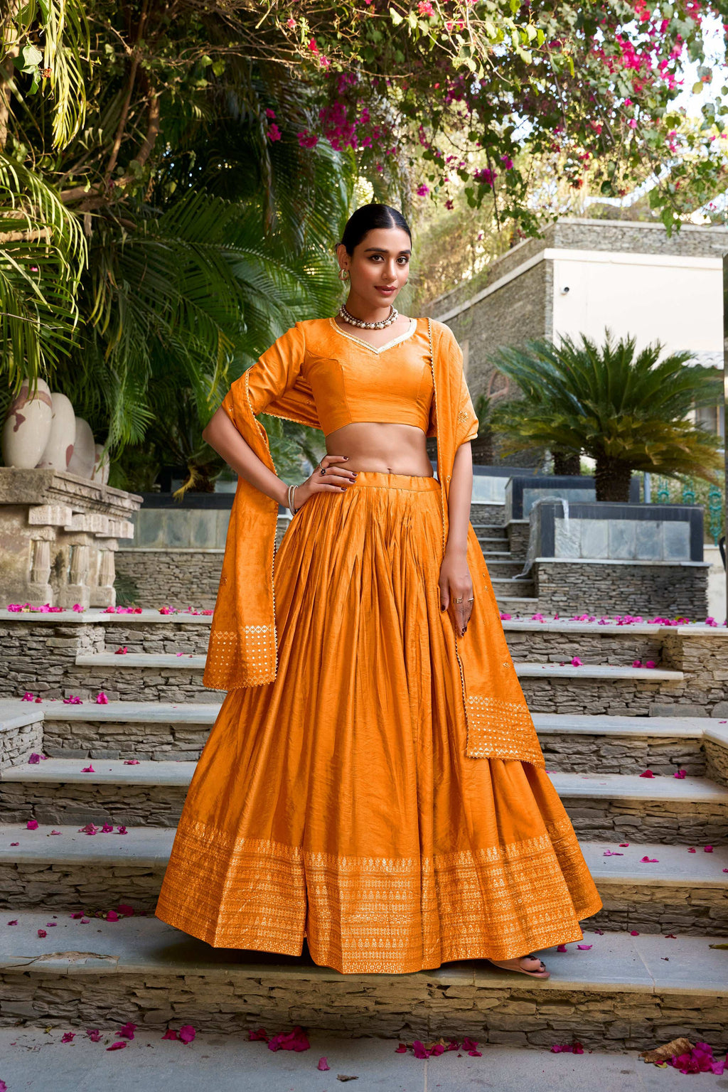 Evanik Women Pure Chanderi Plain With Zari Weaving Work Border Stitched Lehenga With Unstitched Blouse Dupatta | Grocsy