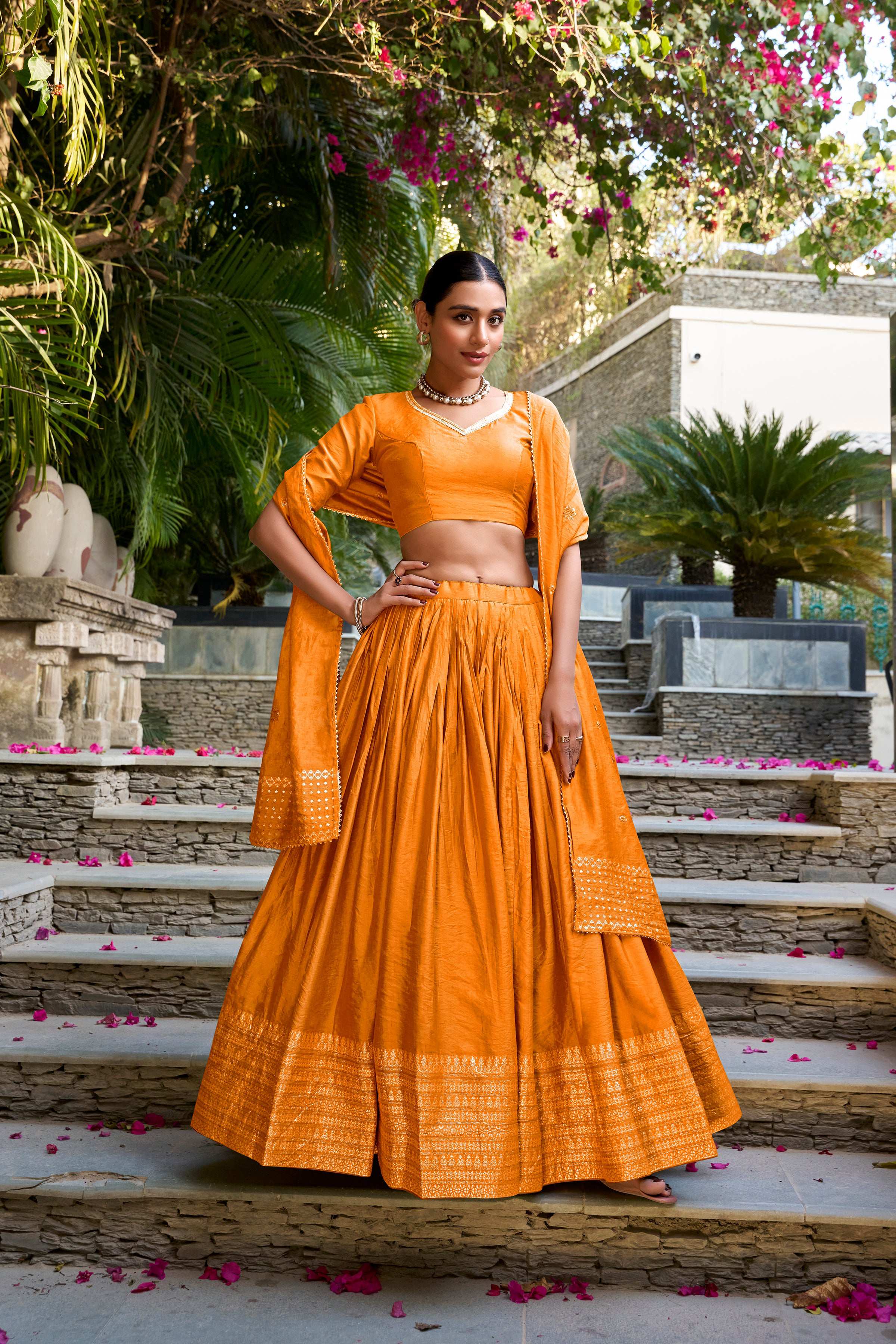 Evanik Women Pure Chanderi Plain With Zari Weaving Work Border Stitched Lehenga With Unstitched Blouse Dupatta | Grocsy