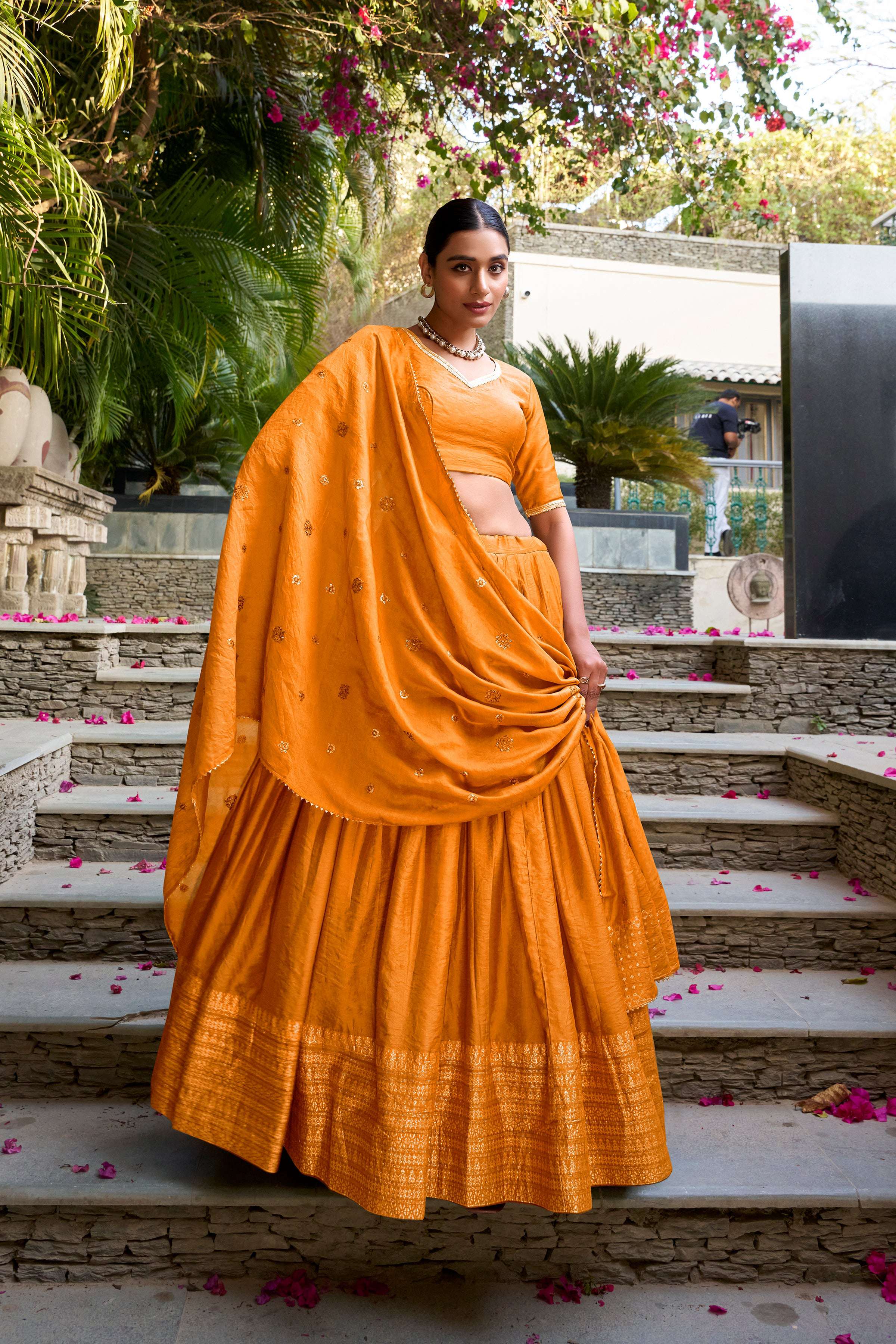 Evanik Women Pure Chanderi Plain With Zari Weaving Work Border Stitched Lehenga With Unstitched Blouse Dupatta | Grocsy