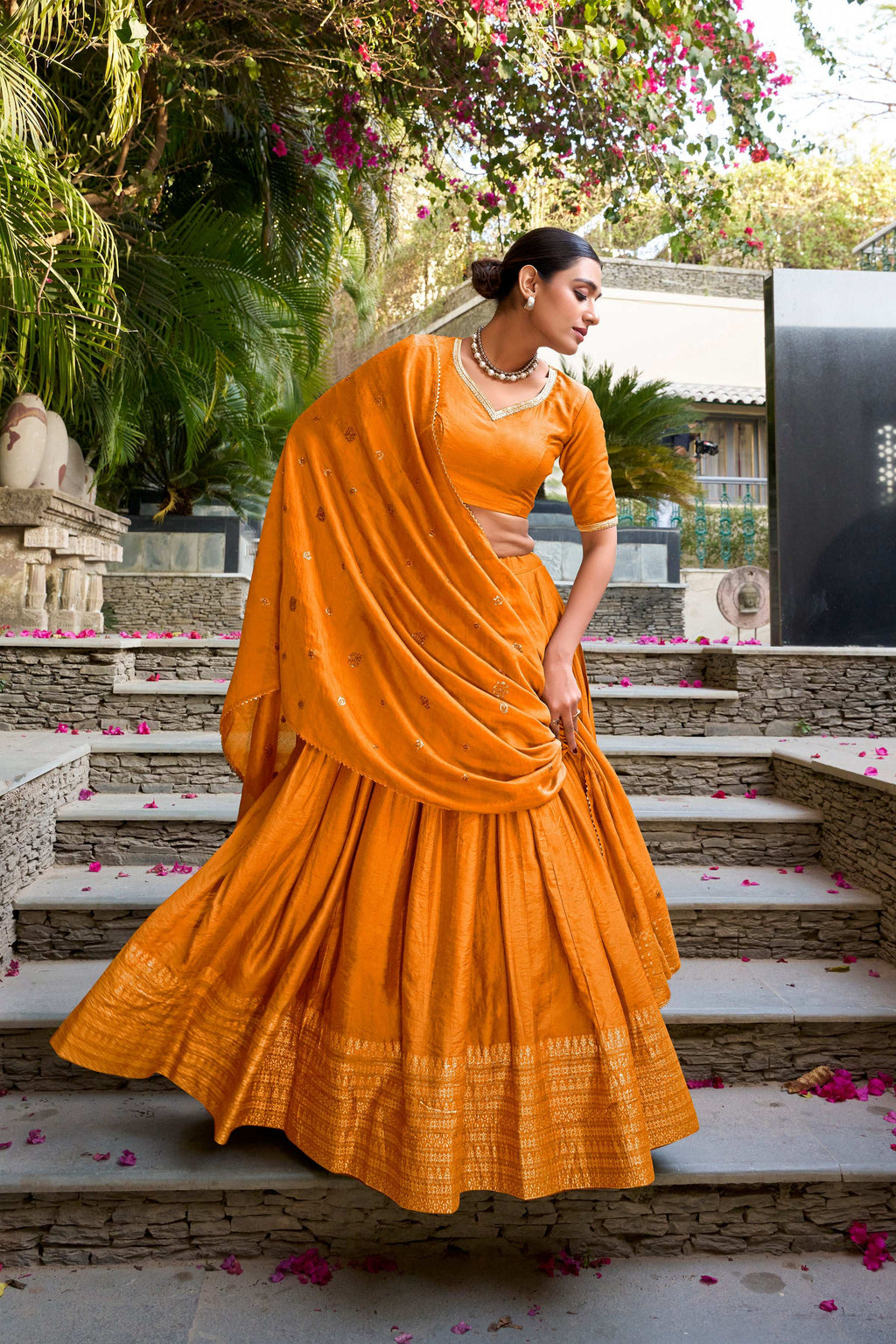 Evanik Women Pure Chanderi Plain With Zari Weaving Work Border Stitched Lehenga With Unstitched Blouse Dupatta | Grocsy