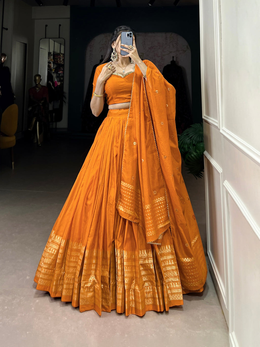 Lorenvalley Fashion Orange Pure Chanderi Plain With Zari Weaving Work Border Lehenga Choli with Dupatta | Grocsy