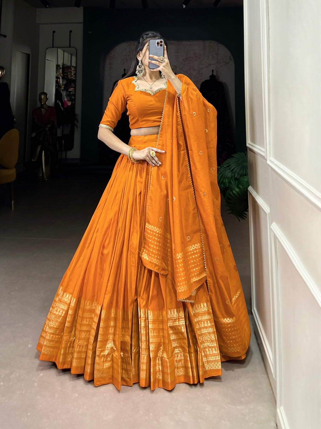 Lorenvalley Fashion Orange Pure Chanderi Plain With Zari Weaving Work Border Lehenga Choli with Dupatta | Grocsy