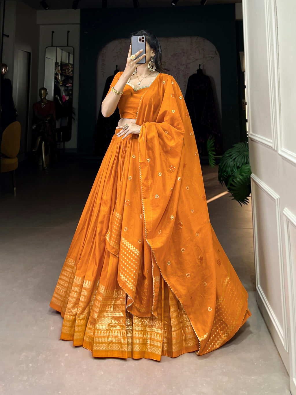 Lorenvalley Fashion Orange Pure Chanderi Plain With Zari Weaving Work Border Lehenga Choli with Dupatta | Grocsy