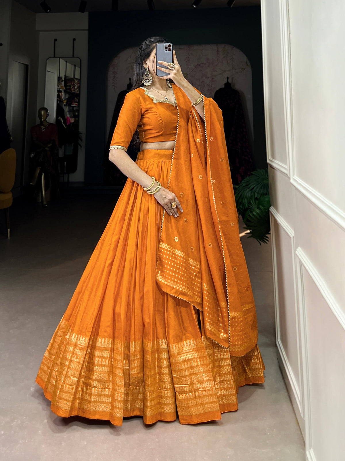 Lorenvalley Fashion Orange Pure Chanderi Plain With Zari Weaving Work Border Lehenga Choli with Dupatta | Grocsy