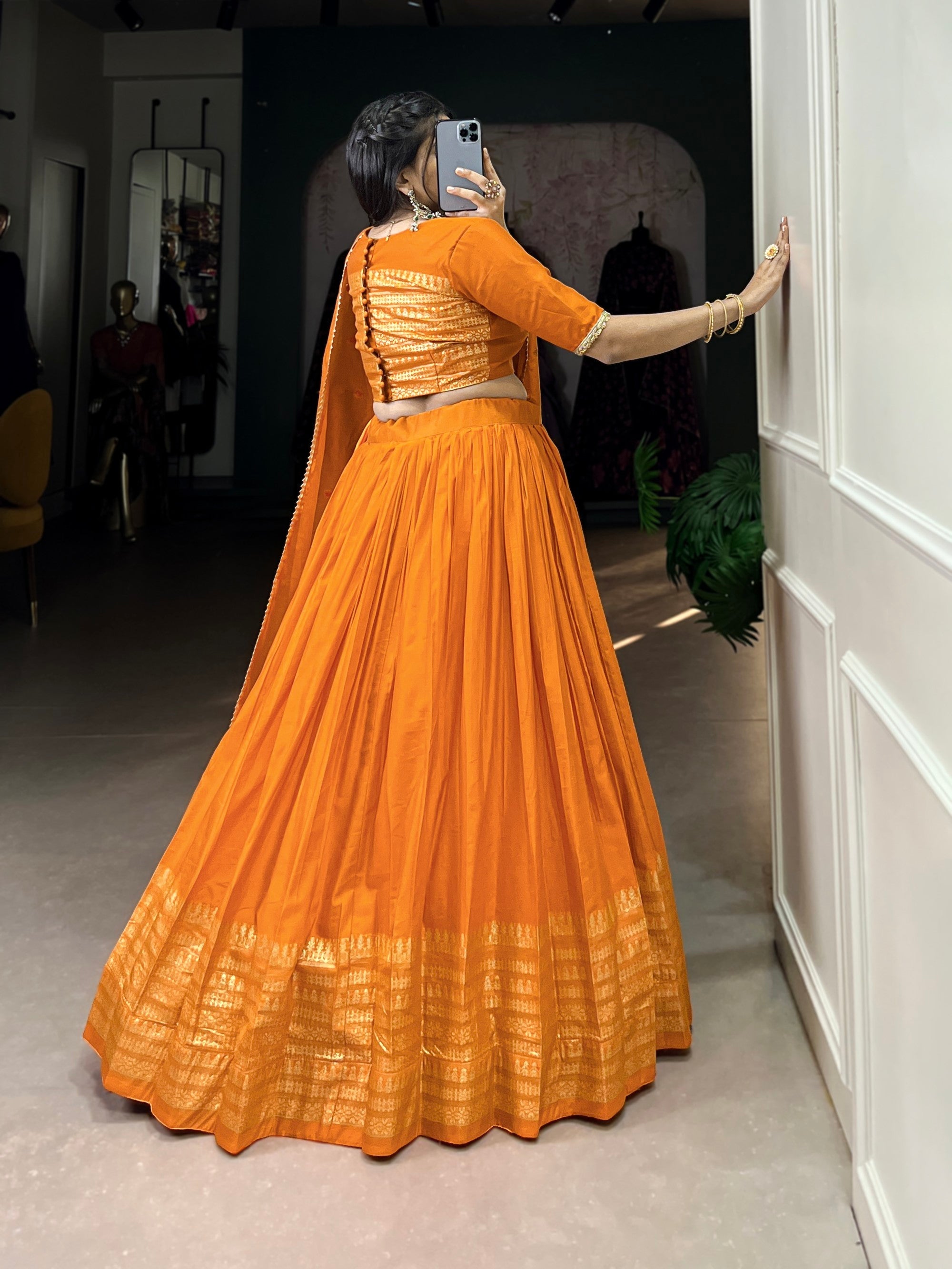 Lorenvalley Fashion Orange Pure Chanderi Plain With Zari Weaving Work Border Lehenga Choli with Dupatta | Grocsy
