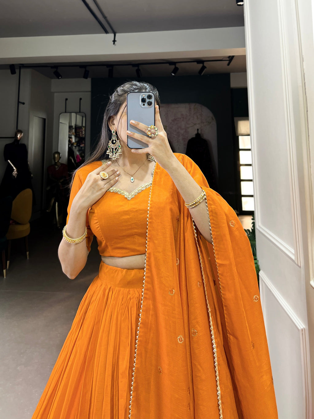 Lorenvalley Fashion Orange Pure Chanderi Plain With Zari Weaving Work Border Lehenga Choli with Dupatta | Grocsy