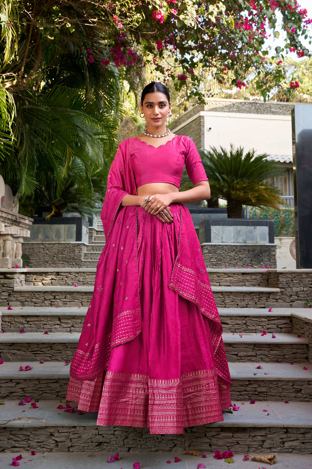 Evanik Women Pure Chanderi Plain With Zari Weaving Work Border Stitched Lehenga With Unstitched Blouse Dupatta | Grocsy