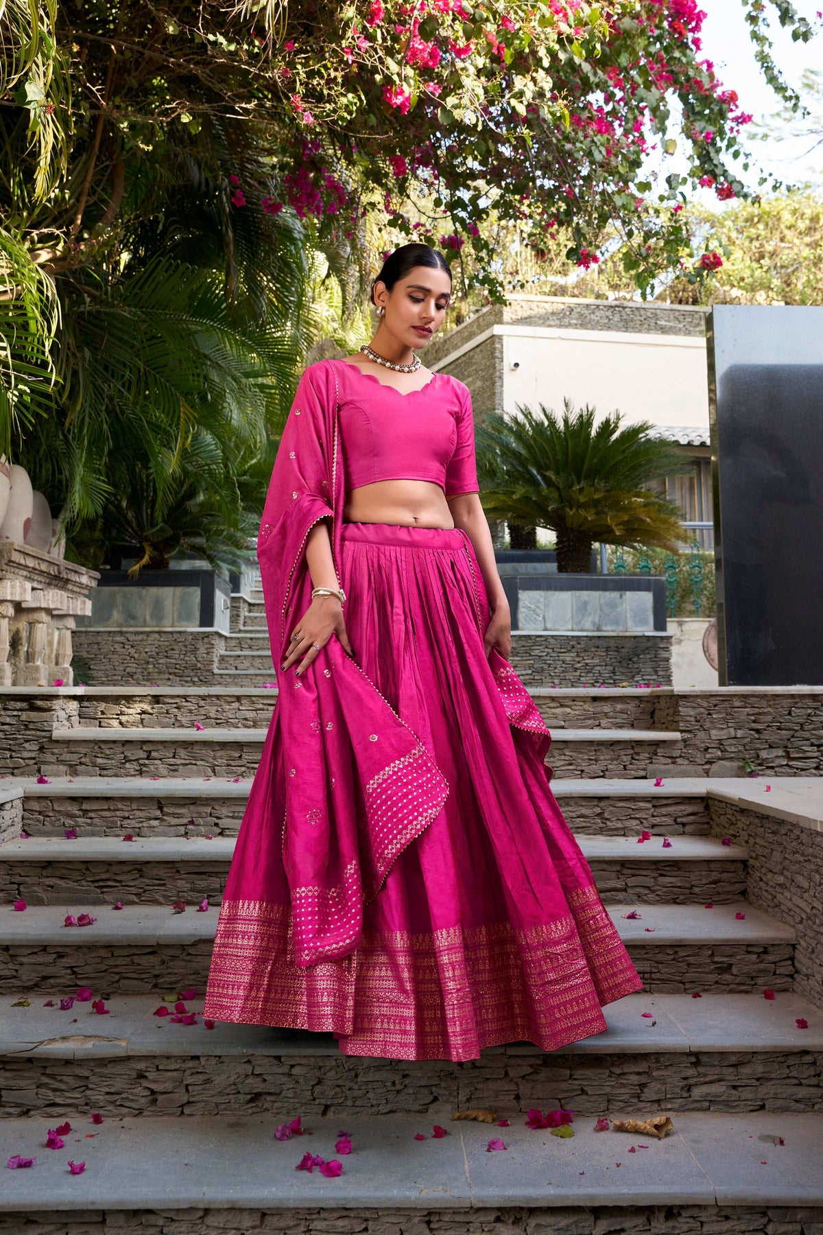 Evanik Women Pure Chanderi Plain With Zari Weaving Work Border Stitched Lehenga With Unstitched Blouse Dupatta | Grocsy