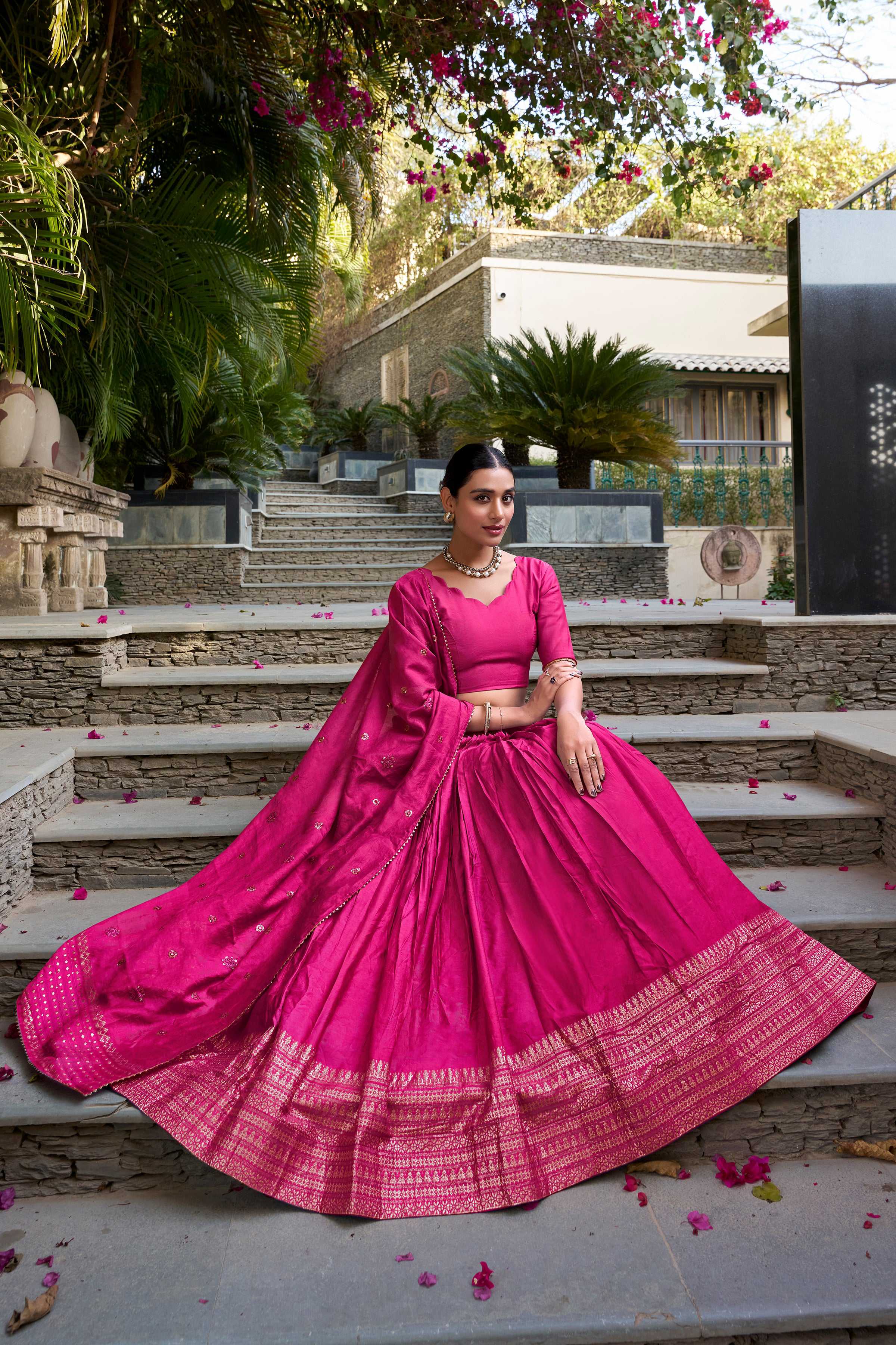 Evanik Women Pure Chanderi Plain With Zari Weaving Work Border Stitched Lehenga With Unstitched Blouse Dupatta | Grocsy