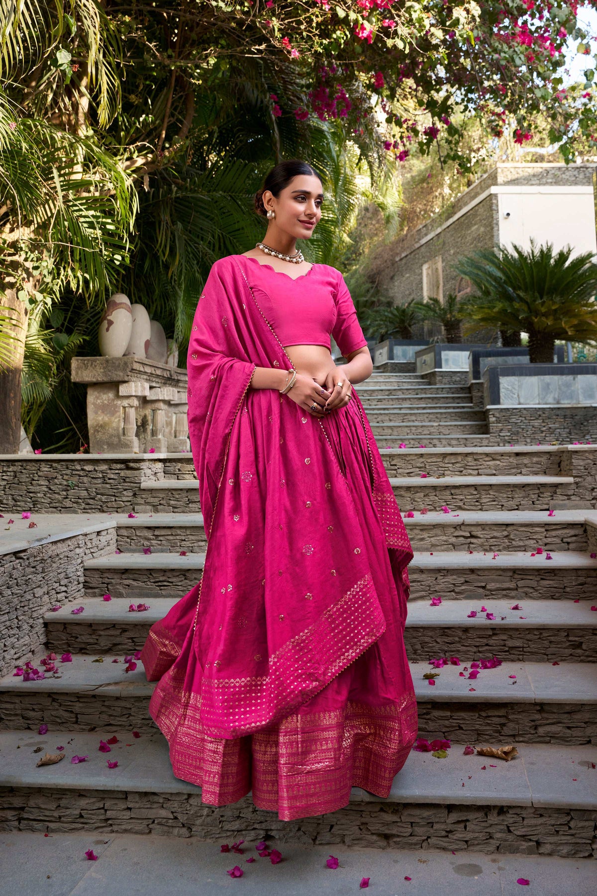 Evanik Women Pure Chanderi Plain With Zari Weaving Work Border Stitched Lehenga With Unstitched Blouse Dupatta | Grocsy