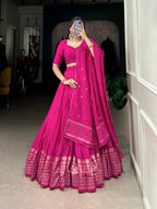 Lorenvalley Fashion Pink Pure Chanderi Plain With Zari Weaving Work Border Lehenga Choli with Dupatta | Grocsy