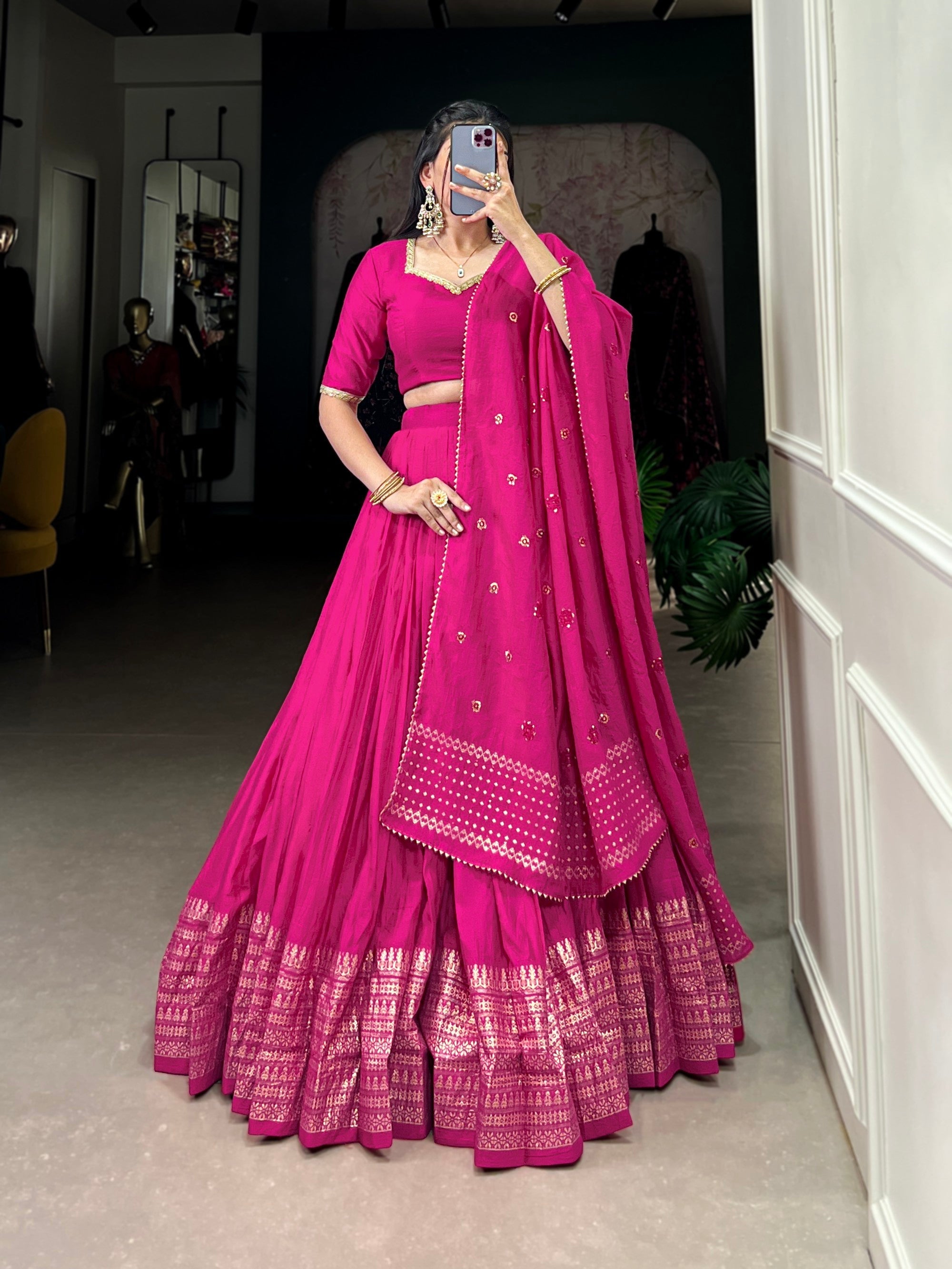 Lorenvalley Fashion Pink Pure Chanderi Plain With Zari Weaving Work Border Lehenga Choli with Dupatta | Grocsy
