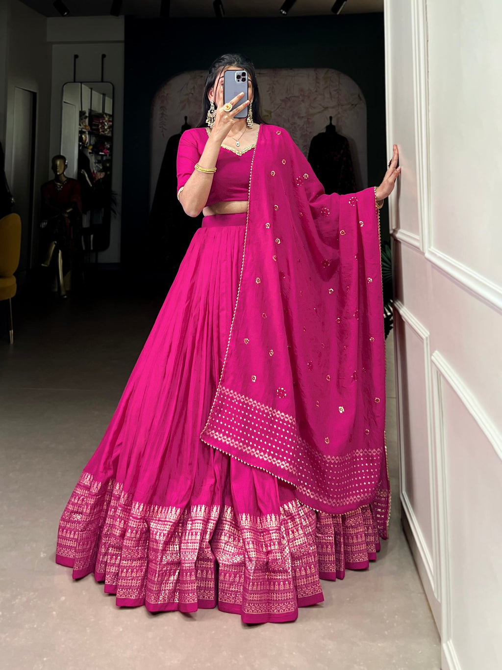 Lorenvalley Fashion Pink Pure Chanderi Plain With Zari Weaving Work Border Lehenga Choli with Dupatta | Grocsy
