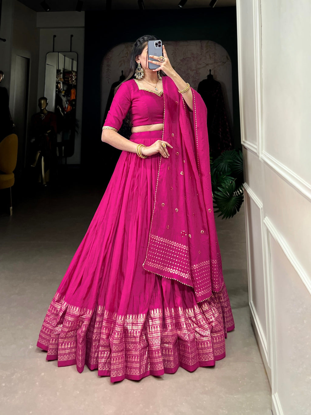 Lorenvalley Fashion Pink Pure Chanderi Plain With Zari Weaving Work Border Lehenga Choli with Dupatta | Grocsy