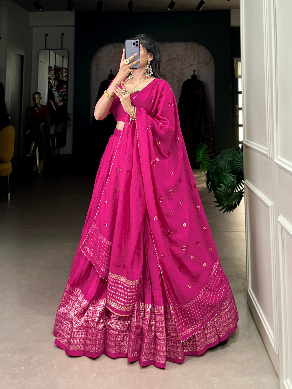 Lorenvalley Fashion Pink Pure Chanderi Plain With Zari Weaving Work Border Lehenga Choli with Dupatta | Grocsy