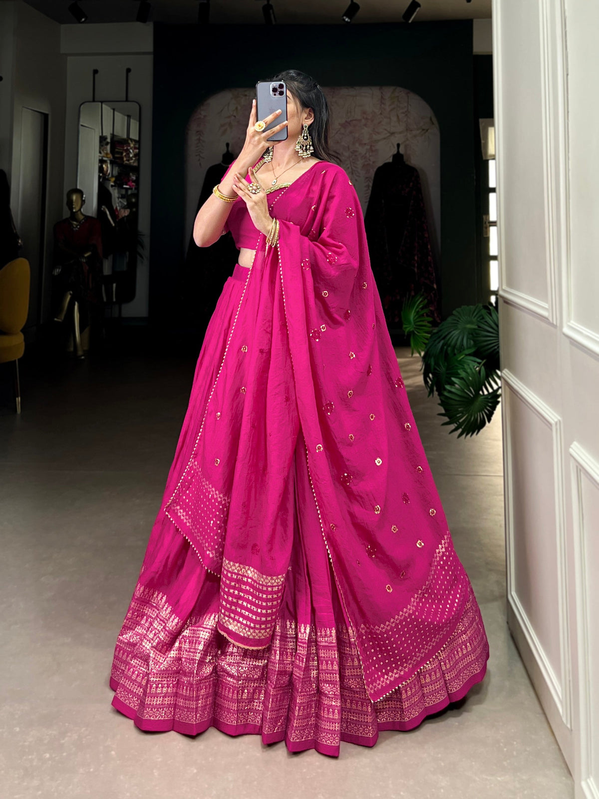 Lorenvalley Fashion Pink Pure Chanderi Plain With Zari Weaving Work Border Lehenga Choli with Dupatta | Grocsy
