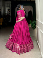 Lorenvalley Fashion Pink Pure Chanderi Plain With Zari Weaving Work Border Lehenga Choli with Dupatta | Grocsy