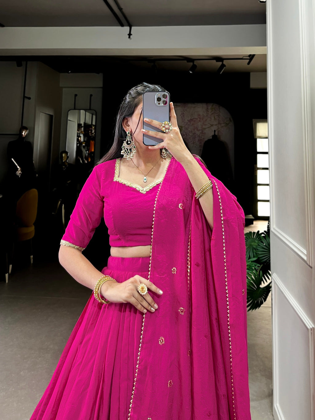 Lorenvalley Fashion Pink Pure Chanderi Plain With Zari Weaving Work Border Lehenga Choli with Dupatta | Grocsy